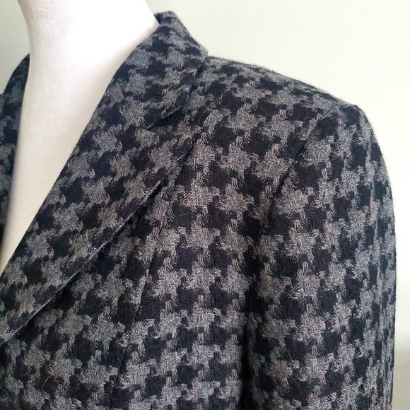 70% Wool Suit Blazer Jacket Houndstooth Pattern Black Gray Tailored Career Wear - Picture 4 of 8